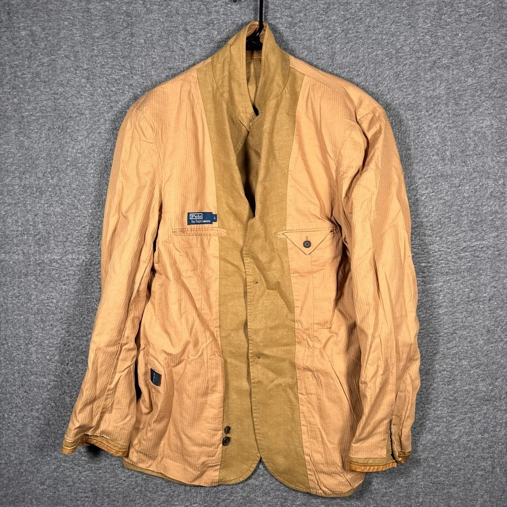 Polo Ralph Lauren Sport Coat Blazer Men Large Tan 100% Linen Surgeon Cuff Jacket